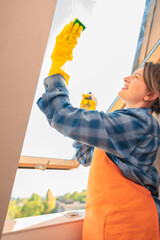 Young Smiling Woman Washing Window with Sponge