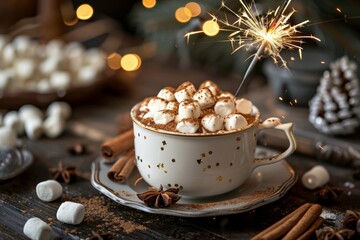 A cozy cup of hot chocolate topped with marshmallows and a sparkler, evoking a festive winter atmosphere.