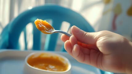 Hand Holding a Spoon Feeding Baby Food: A hand holding a spoon filled with baby food, ready to feed a child, with a high chair in the background. 
