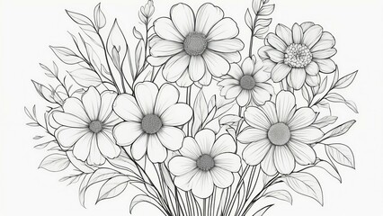 A delicate line drawing of a bouquet of flowers.