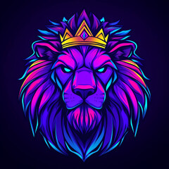 Obraz premium A logo illustration of an evil purple lion's head with a crown on a dark background. 