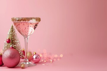 A delicate pink holiday cocktail in a martini glass with a sugared rim, set against a pastel pink background with festive decor.
