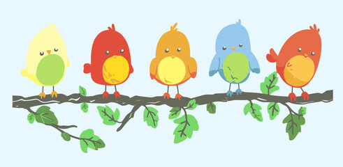 A row of birds. Birds on a tree branch illustration.