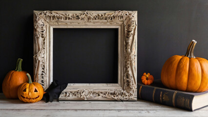 An ornate empty frame surrounded by Thanksgiving-themed decorations like pumpkins and autumn leaves.