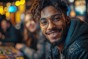 Obraz premium A vibrant scene of a group of friends enjoying a game night with board games laughter and lively interactions