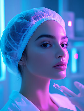 Beautiful woman benefits from technology at a beauty clinic, blending innovative treatments. Generative ai.