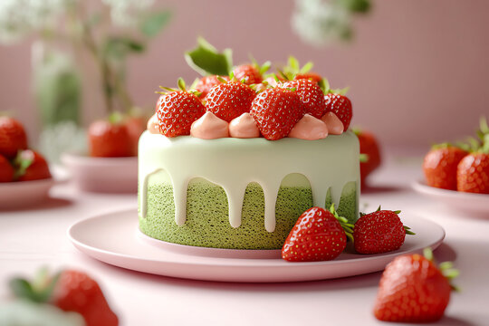 Matcha green tea tiramisu is adorned with strawberries, merging minimalism with a delightful culinary twist. Generative ai.