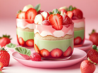 Tiramisu meets matcha green tea and strawberries, combining flavor layers. Genrative ai.