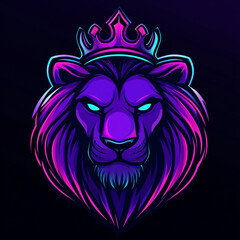 Obraz premium A logo illustration of an evil purple lion's head with a crown on a dark background. 