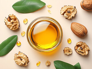 Walnut oil flat design top view in an organic product theme, 3D render. Genrative ai.