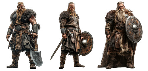 Bearded Viking warriors in battle armor holding shields and weapons historical fantasy characters transparent background