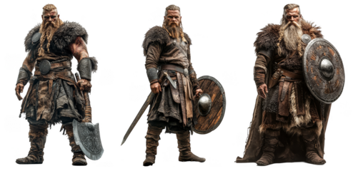 Bearded Viking warriors in battle armor holding shields and weapons historical fantasy characters transparent background