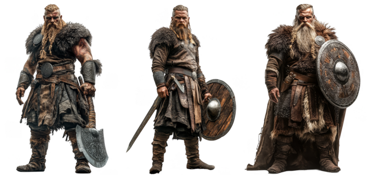Bearded Viking warriors in battle armor holding shields and weapons historical fantasy characters transparent background