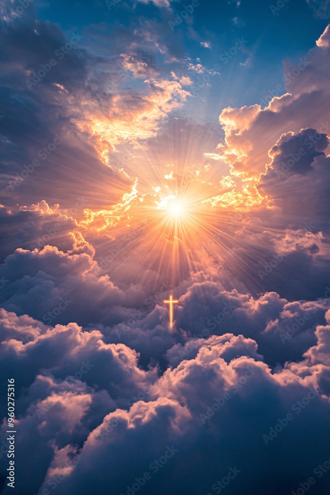 Wall mural christian cross glowing above sun rays shining through clouds at sunset