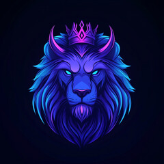 Obraz premium A logo illustration of an evil purple lion's head with a crown on a dark background. 