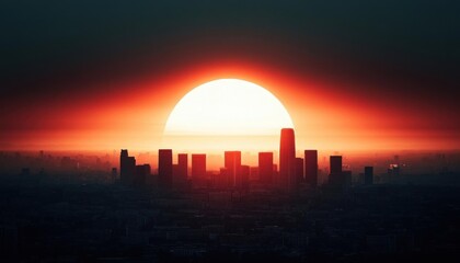 Obraz premium Bright sunrise over a cityscape, representing the dawn of a new era, no blur, photo not dark, everything is clear, copy space