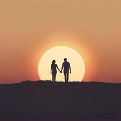 Fototapeta premium Two silhouettes, hand in hand, framed by a minimalist sunset. 