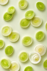 Pattern of onions (leeks) scattered on a light green background viewed from above. Top view.