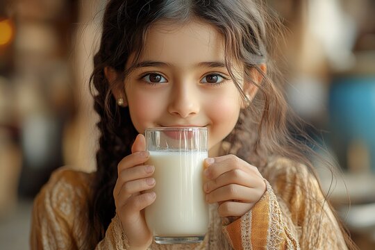 An Indian girl taking a study break sips on a glass of milk balancing her work and nutrition