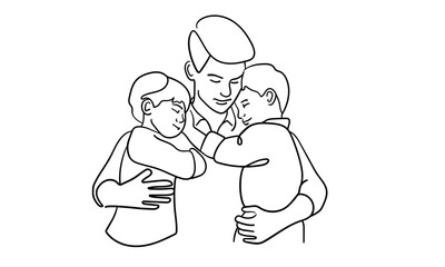 Father and two son continuous line art drawing isolated on white background. Fathers day. Vector illustration	