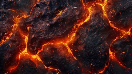 Background texture molten magma with uneven surface, red and yellow reflections, cracks and fractures indicating dynamic flow, intense heat, force and energy, on a dark background.
