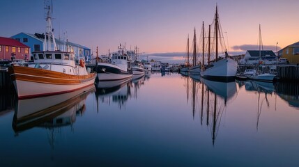 Fototapeta premium The Old Harbour area in Reykjavik with the Maritime Museum and boats docked in the calm water.