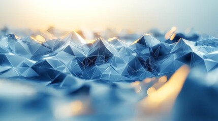 Abstract 3D geometric landscape with triangular facets illuminated by soft sunlight during the early morning hours