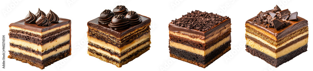 Sticker Chocolate layer cakes with various toppings and textures dessert photography culinary design transparent background