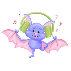Cartoon Cute Bat Listening to Music with Headphones - Purple Bat with Pink Wings - Vector Illustration
