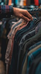 A person picking a shirt from a rack of red, blue, and green shirts. Shirts hung horizontally, grabbing the rightmost hanger.