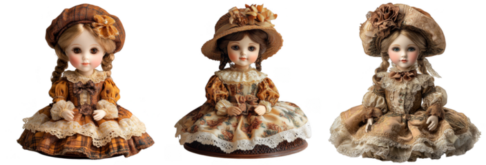Three antique porcelain dolls dressed in vintage clothing historical collectibles transparent background