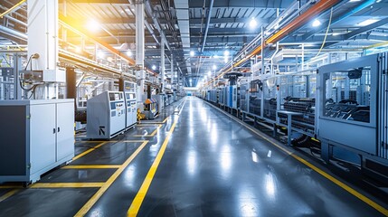 Obraz premium Modern Industrial Factory Interior with Production Line and Machinery