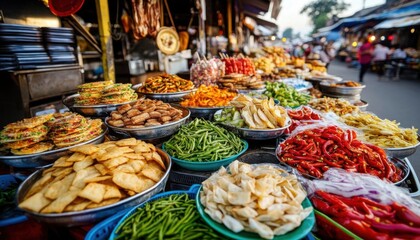 Obraz premium Outdoor scene with local snacks, eaten in a vibrant marketplace, snack local outdoor, openair dining, no blur, photo not dark, everything is clear, copy space