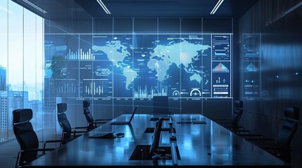 Modern Conference Room with World Map and Data Visualization