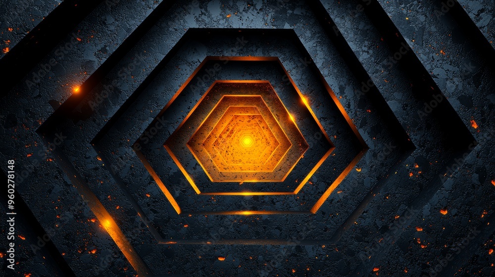 Poster abstract geometric pattern with glowing center and metallic textures in dark tones, creating a capti