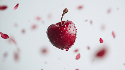A fresh red apple suspended in mid-air with drops of water and scattered flower petals against a soft background