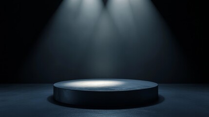 A dramatic spotlight illuminates a circular stage, perfect for performances or presentations in a theatrical setting.
