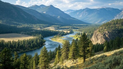 The picturesque Yellowstone River winding through a forested valley, with mountains in the background.