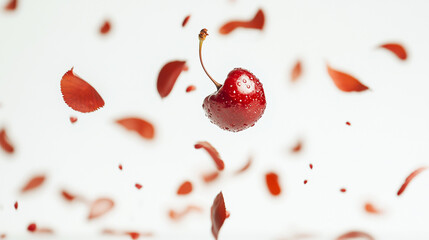 Fototapeta premium A cherry suspended in mid-air surrounded by vibrant red petals against a bright background