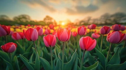 tulip field filled with vivid red blooms that stretches to the horizon, shining in the golden light of daybreak. The image perfectly conveys the tranquility and beauty of nature at its peak....