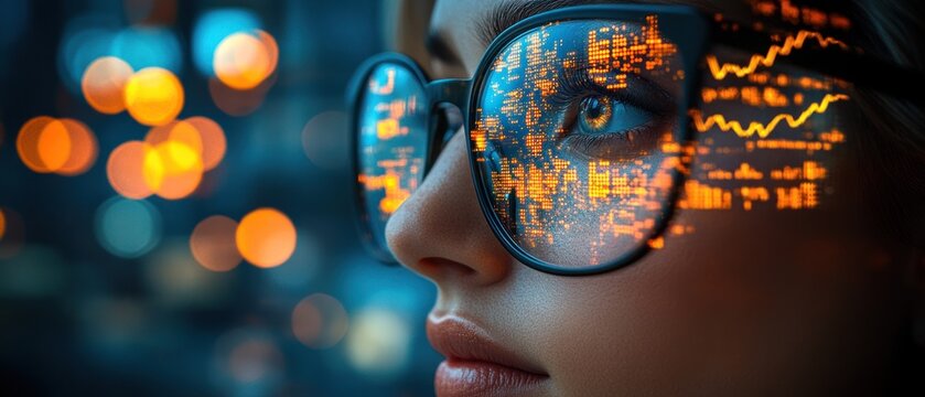 A Woman's Eye Reflecting a Data Visualization with a Blurred Cityscape in the Background