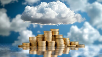 A pile of golden coins under a cloud, symbolizing finance, wealth, and prosperity against a clear blue sky.
