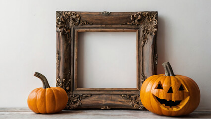 Obraz premium An ornate empty frame surrounded by Thanksgiving-themed decorations like pumpkins and autumn leaves.