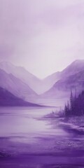 A painting of a mountain range with a purple sky. The mountains are in the background and the water is in the foreground. The painting has a serene and peaceful mood