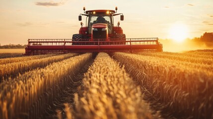 Fototapeta premium A red tractor harvesting wheat in golden fields at sunset, showcasing agricultural beauty and hard work.