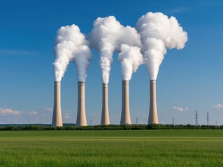 Industrial landscape with smoke billowing from power plant chimneys against a blue sky, symbolizing energy production and pollution.