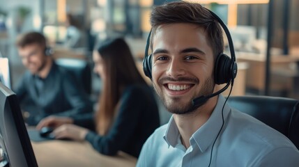 Portrait of happy biracial businessman using phone headset and smiling at office