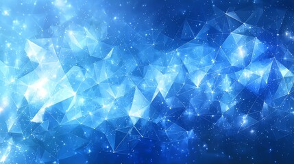 A vibrant blue abstract background filled with triangles and stars, creating a celestial effect in a digital design