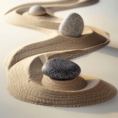 A minimalist portrayal of a serene zen garden with rocks and sand.
