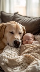 Obraz premium Golden retriever and baby resting peacefully together on sofa in cozy home environment